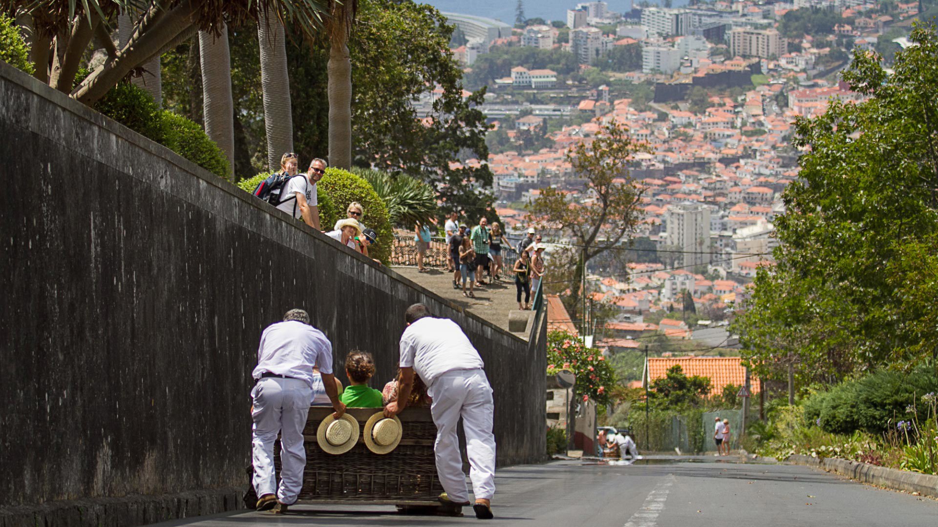 Zwei Männer in Weiß schieben einen Korbwagen auf einer geneigten Straße.