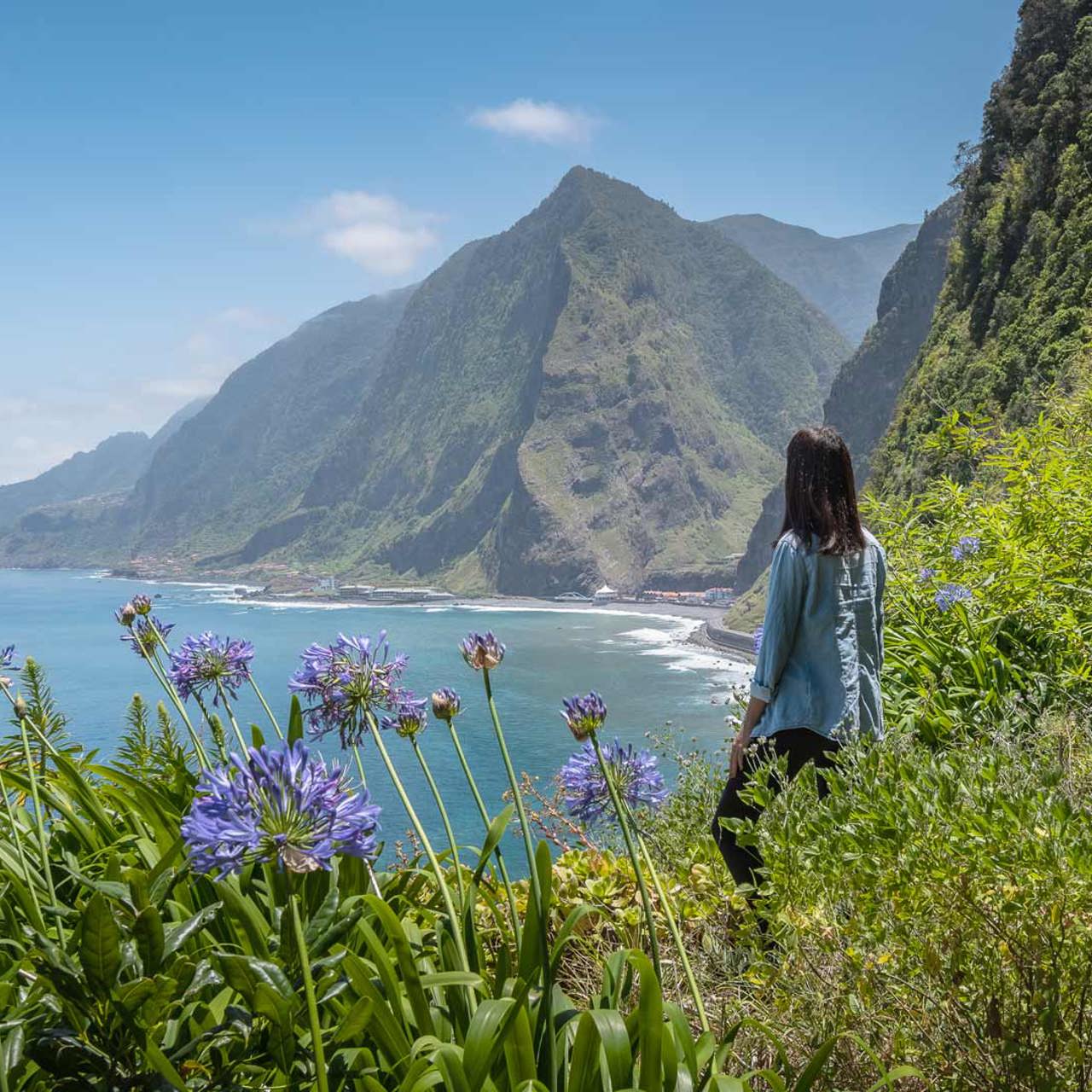 Woman seen from behind admiring landscape of nature, sea and mountain.