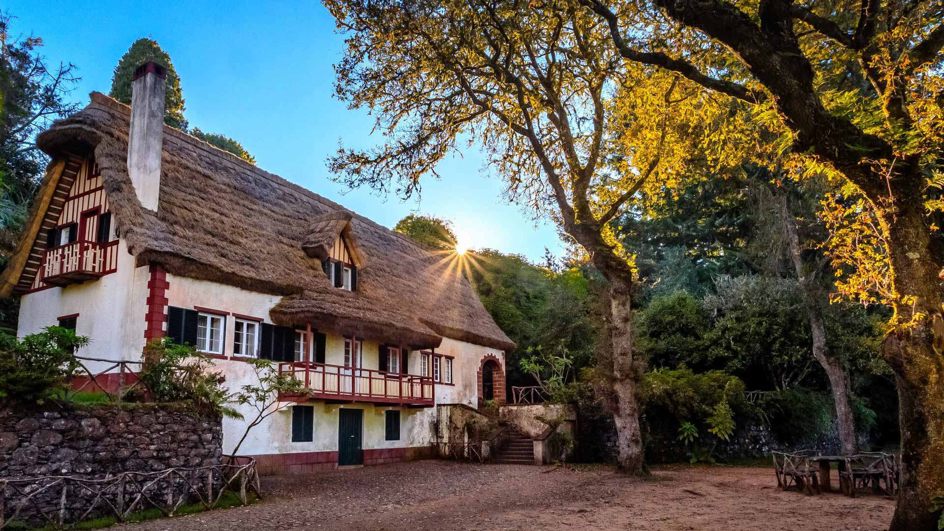 Haus mit dreieckigem Dach zwischen Bäumen und Natur auf Madeira.