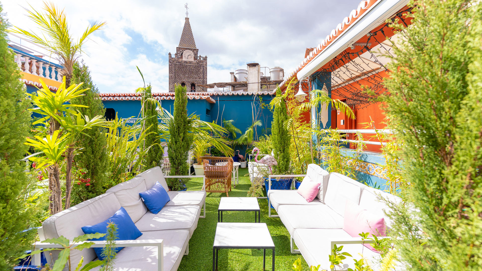 Sofas and plants with church tower in the background.