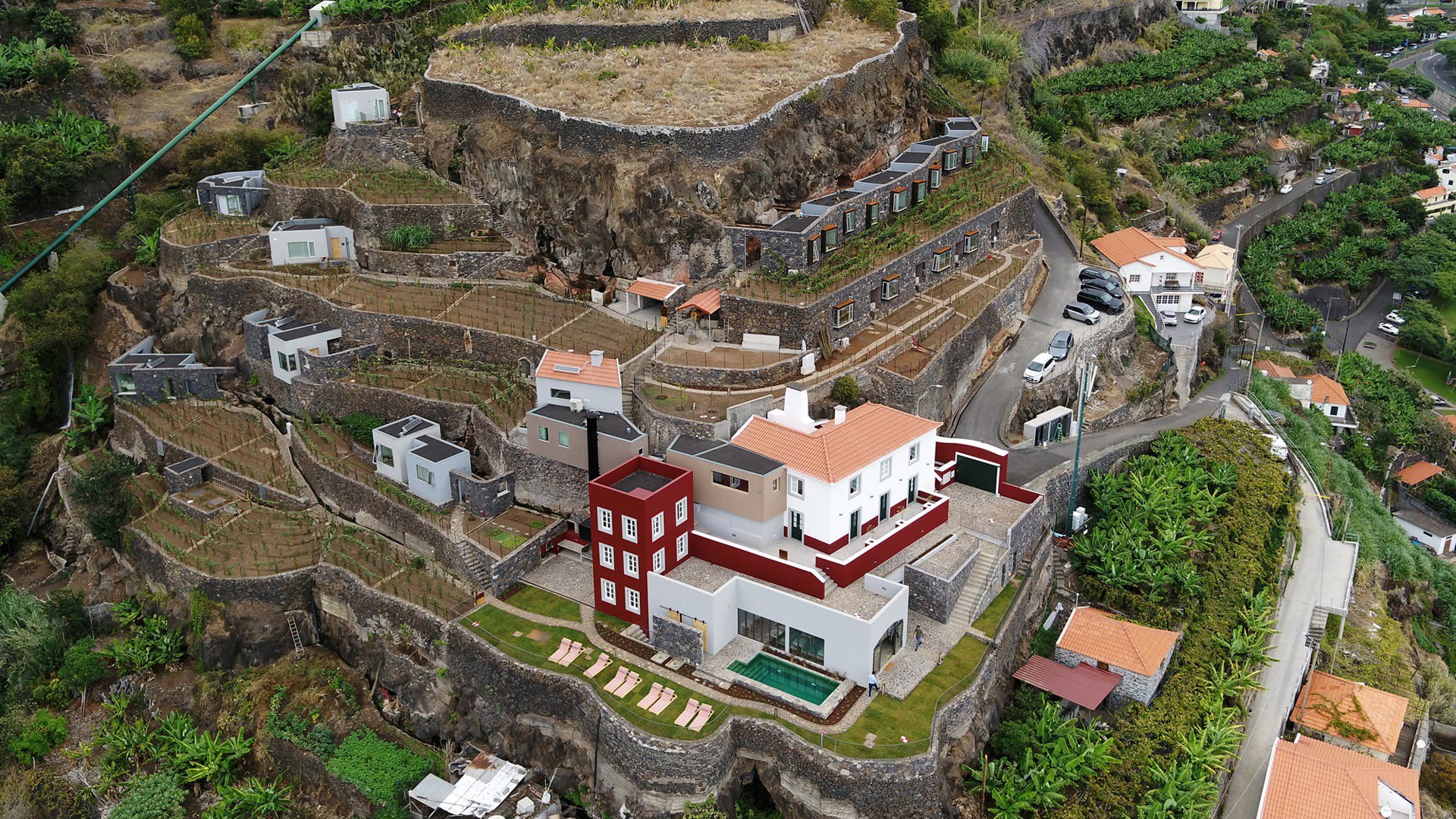 Aerial view of Socalco Nature Hotel on Madeira Island.