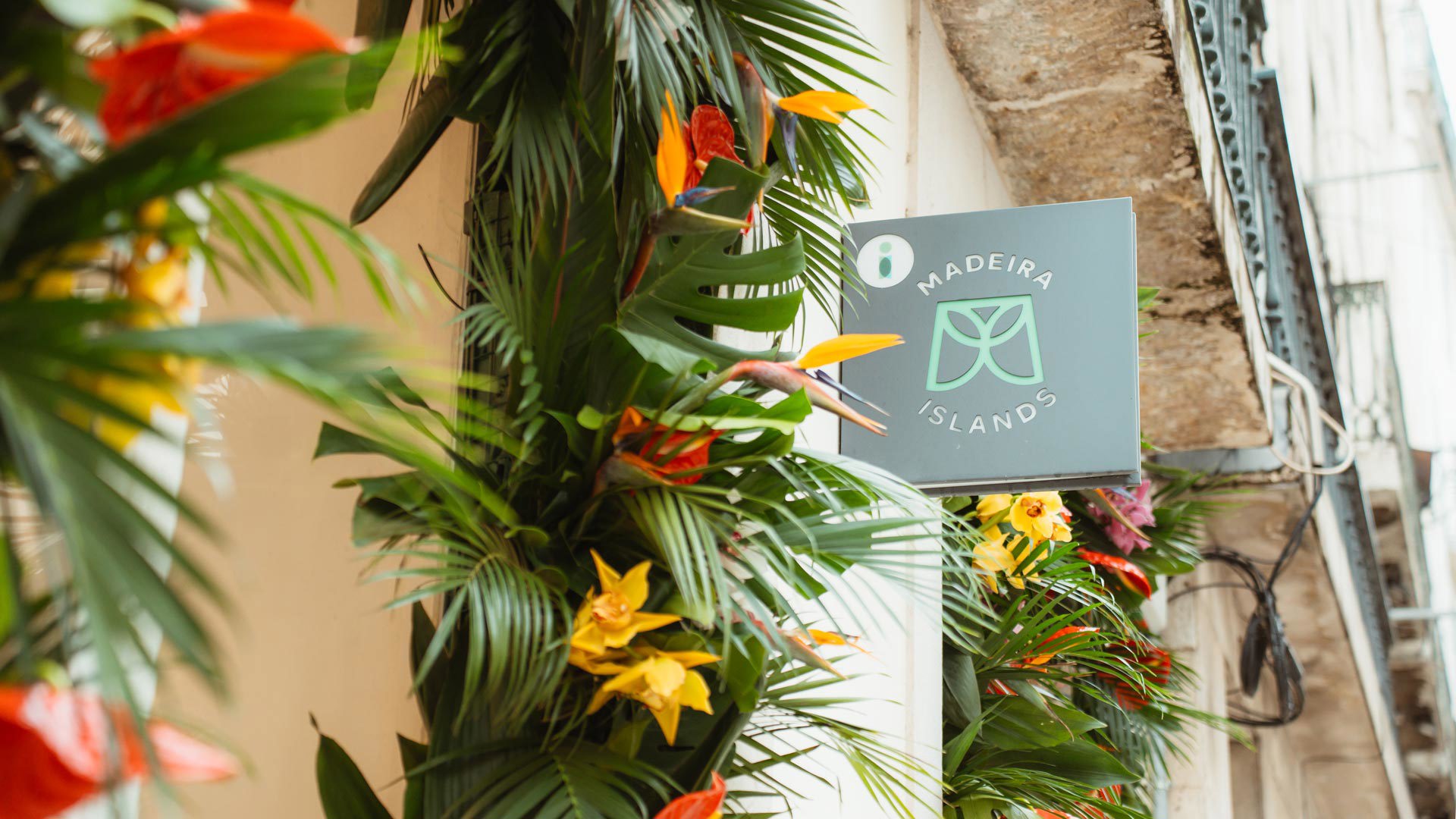 Entrance of the Madeira Tourism Office in Lisbon, decorated with a colorful flower arch.