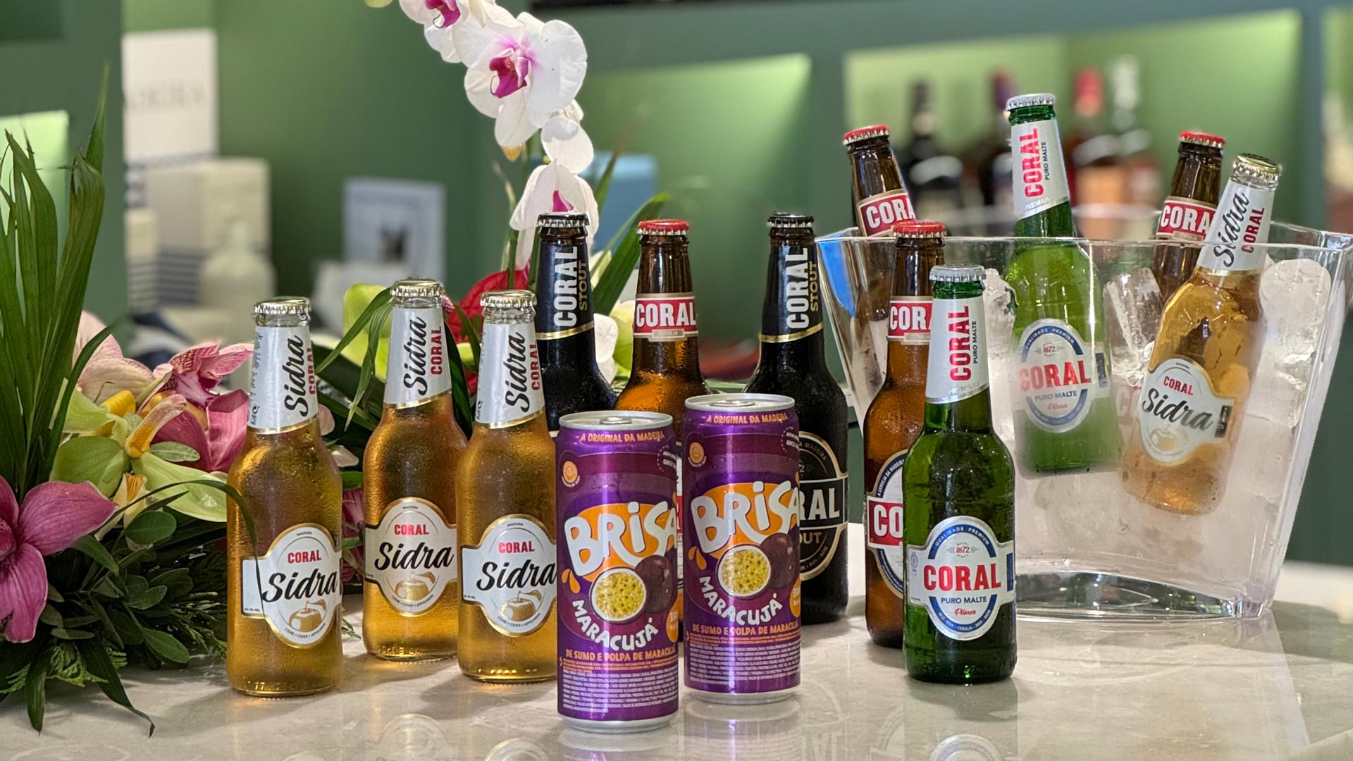 Table at the Madeira Tourism Office in Lisbon displaying typical Madeiran drinks.