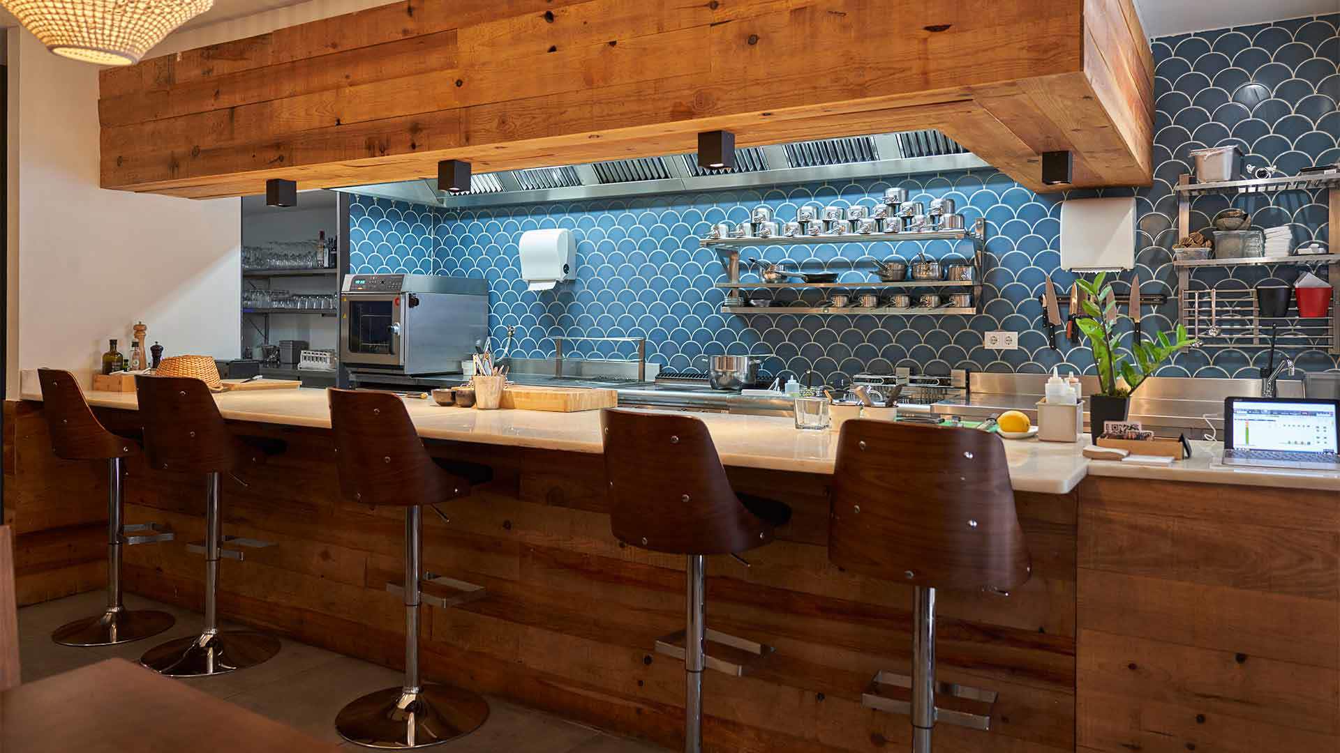 Restaurant counter with high chairs.