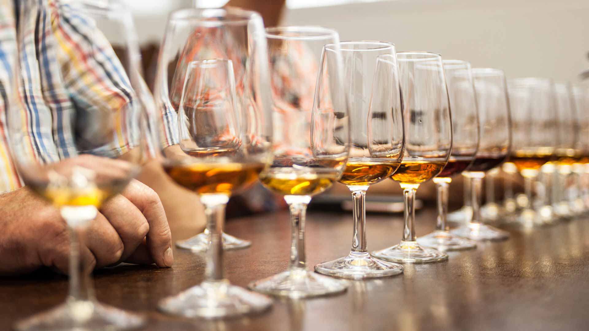 Degustación de vino de Madeira con varias copas sobre una mesa.