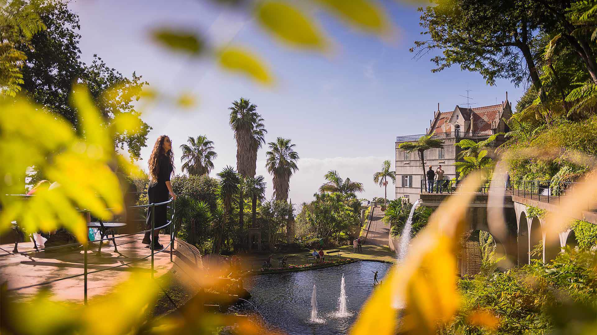 Lago en el Jardín Tropical Monte Palace Madeira rodeado de vegetación exuberante.