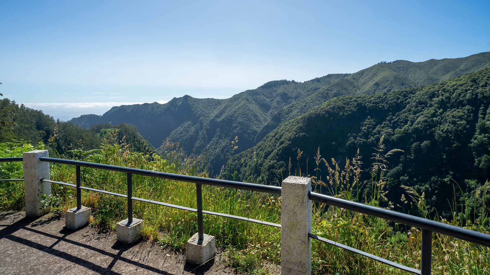 Belvédère avec vue sur montagnes et végétation verte.