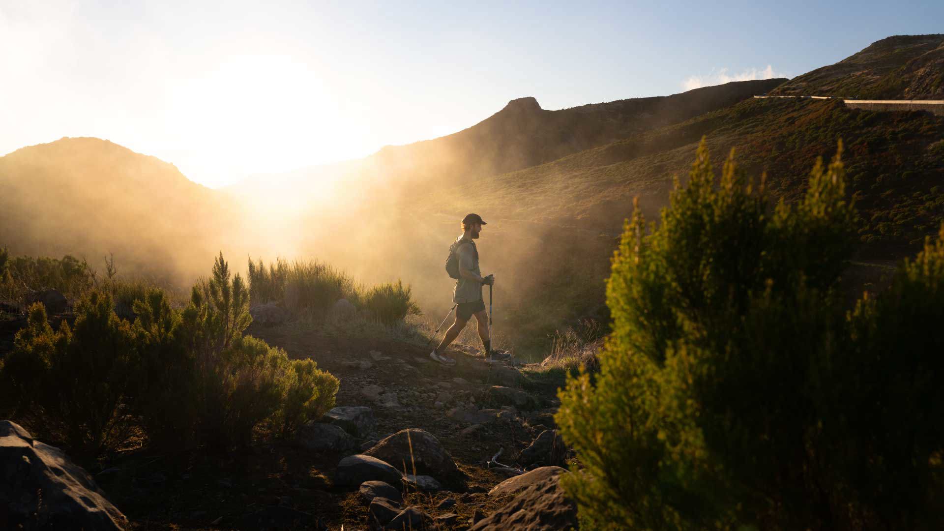 Man walking along a trail surrounded by lush vegetation in Madeira.