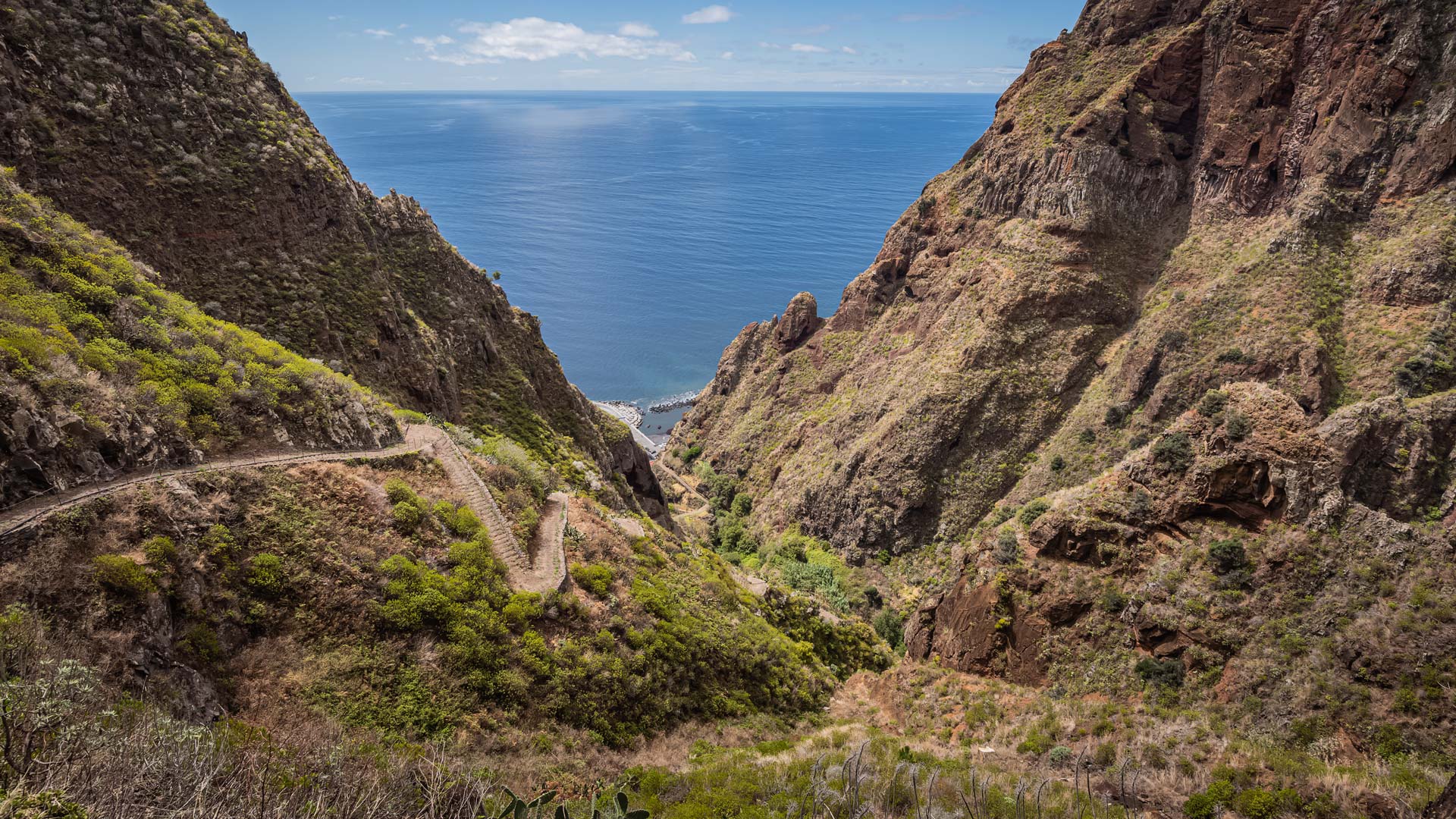 Valley with dirt trail and sea in the background.