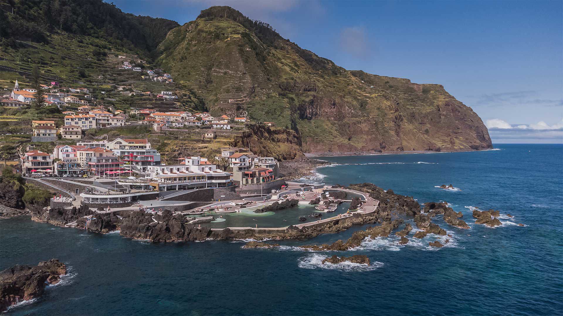 Drone aerial photo of the natural pools of Porto Moniz, Madeira.