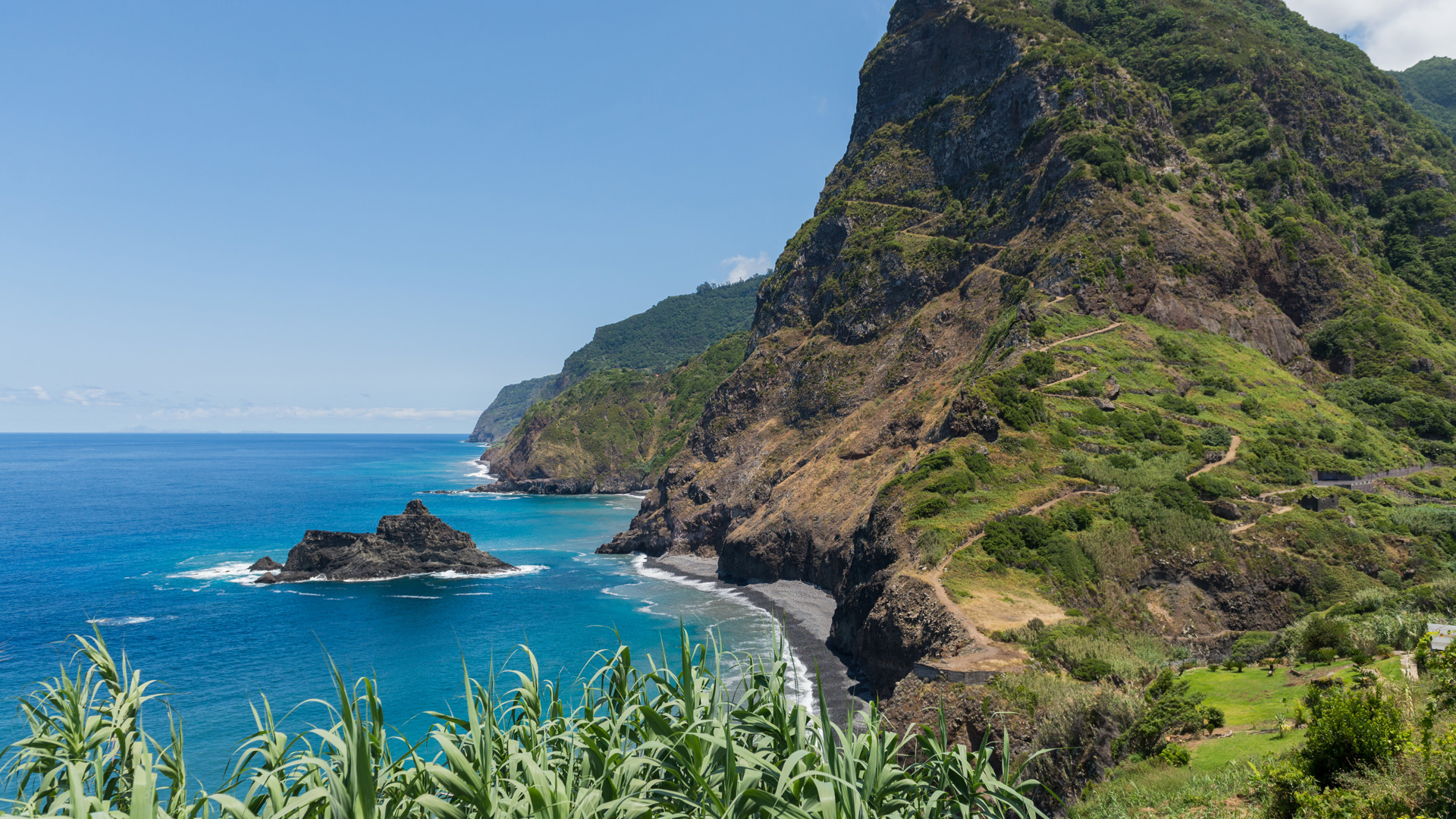 Sentier sur montagne verte et mer à Madère.