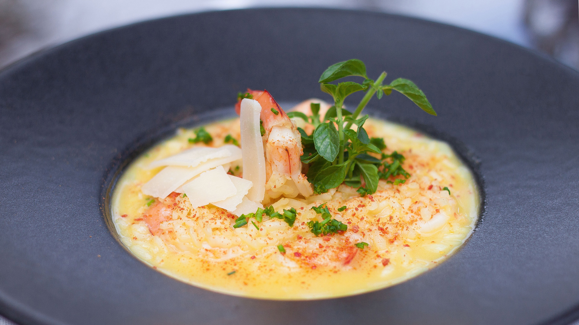 Plate with risotto, cheese, shrimp, and garnished with green plant.