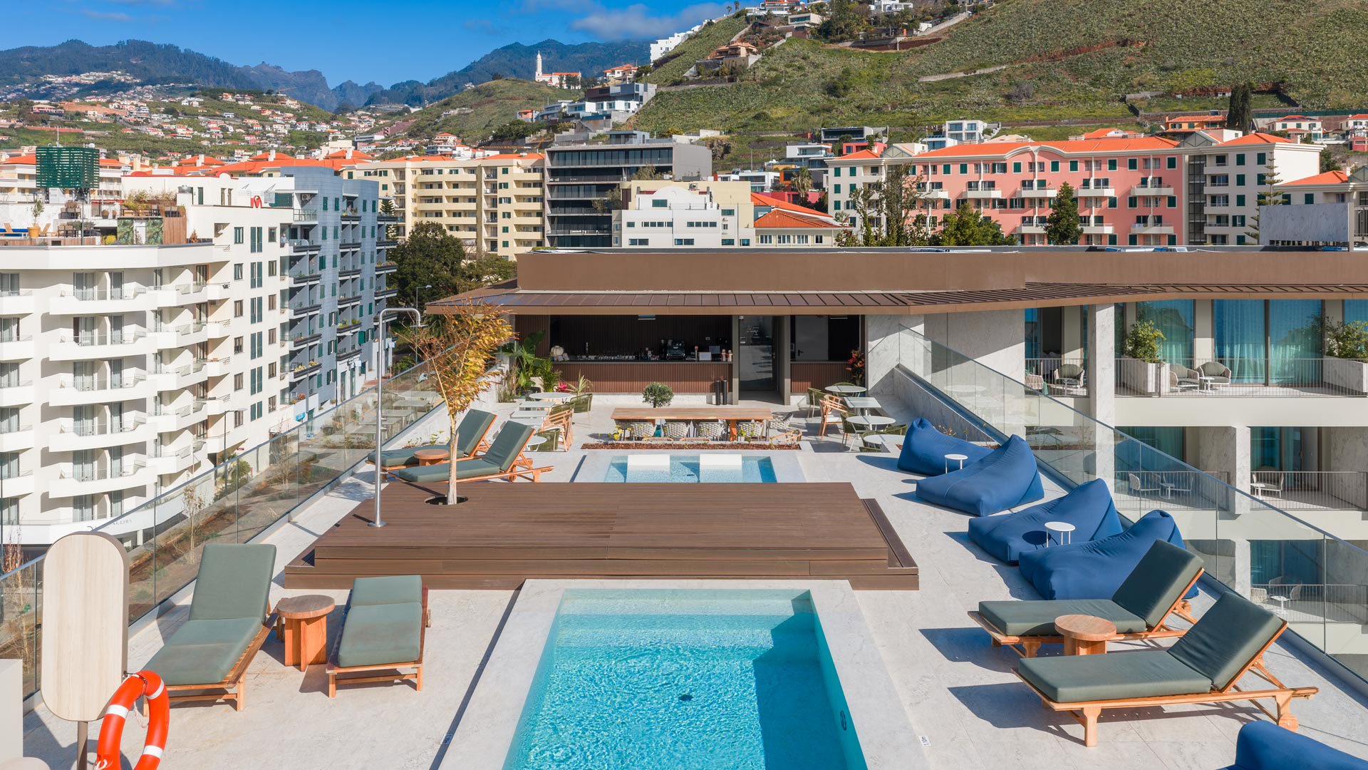 Aerial view of the swimming pool at The Editory Ocean Way Funchal on Madeira Island.