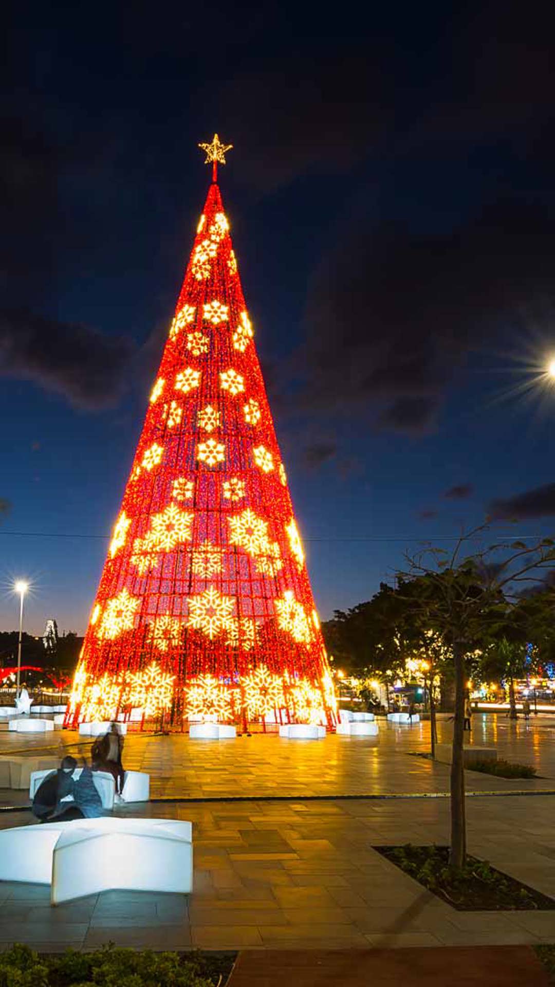 Árbol de Navidad iluminado con luces en Funchal, Madeira.