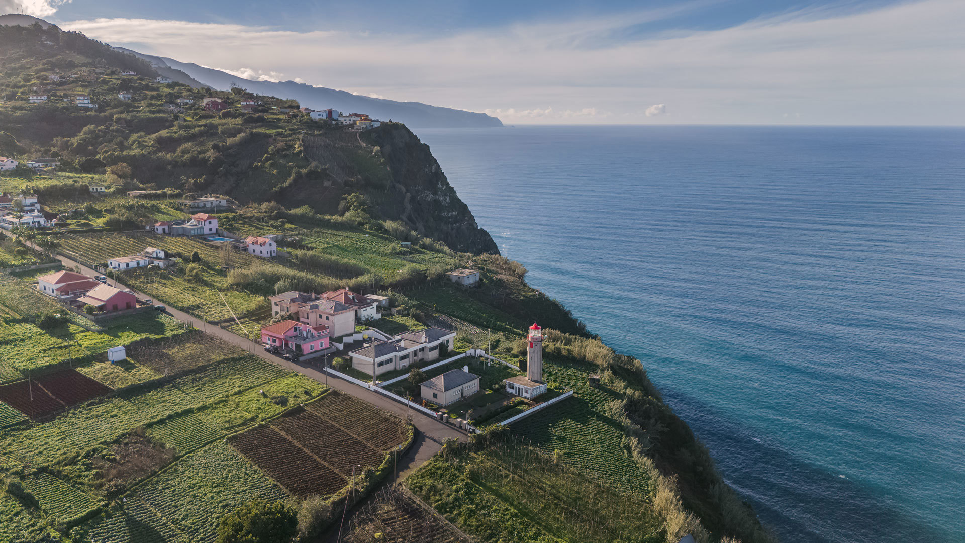 Green hillside with houses by the sea in Madeira.